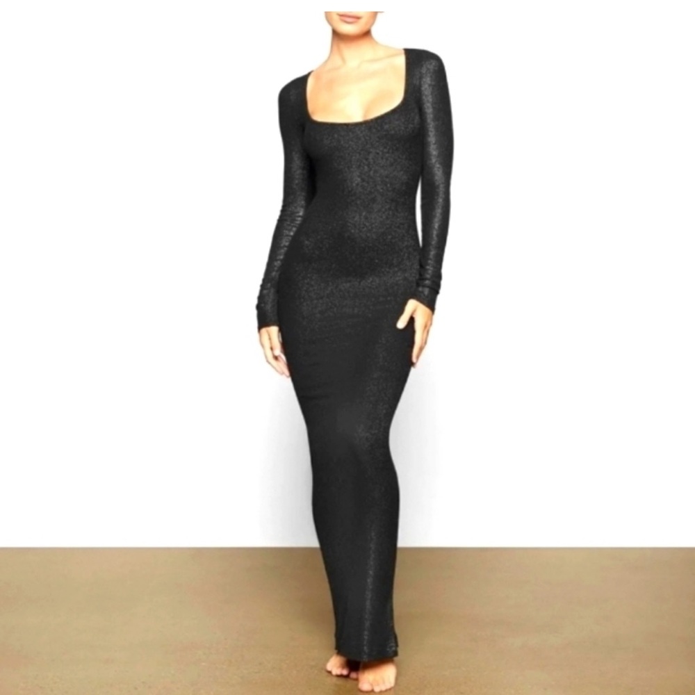 SKIMS Soft Lounge Shimmer, Foil, Glitter Long Sleeve Maxi Dress. - Onyx color